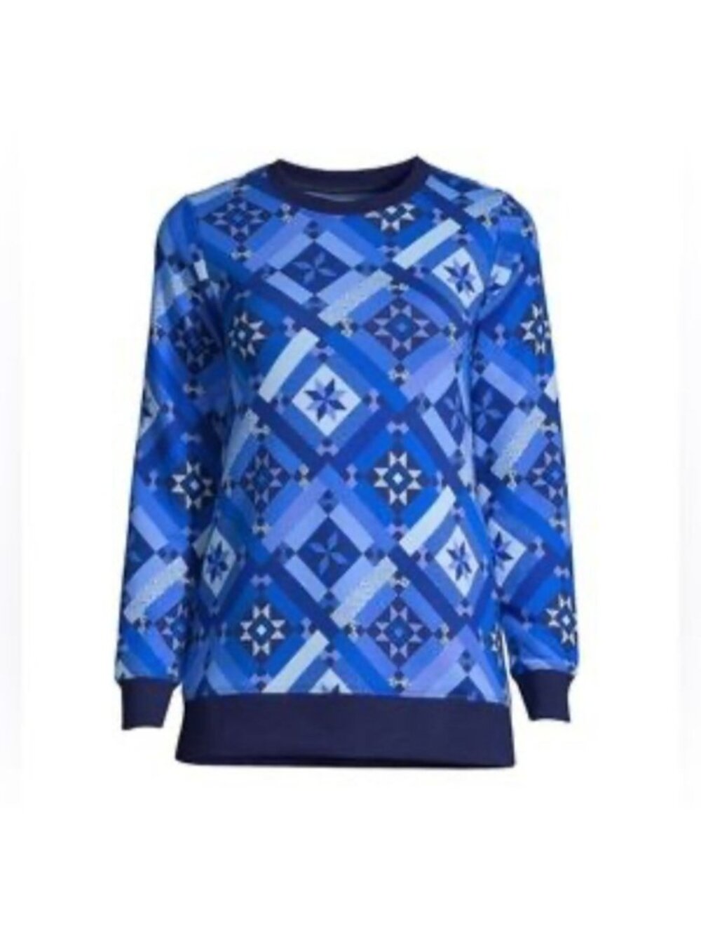 Lands' End Size 12 Blue Quilt Print Serious Sweats Pullover Crewneck Sweatshirt